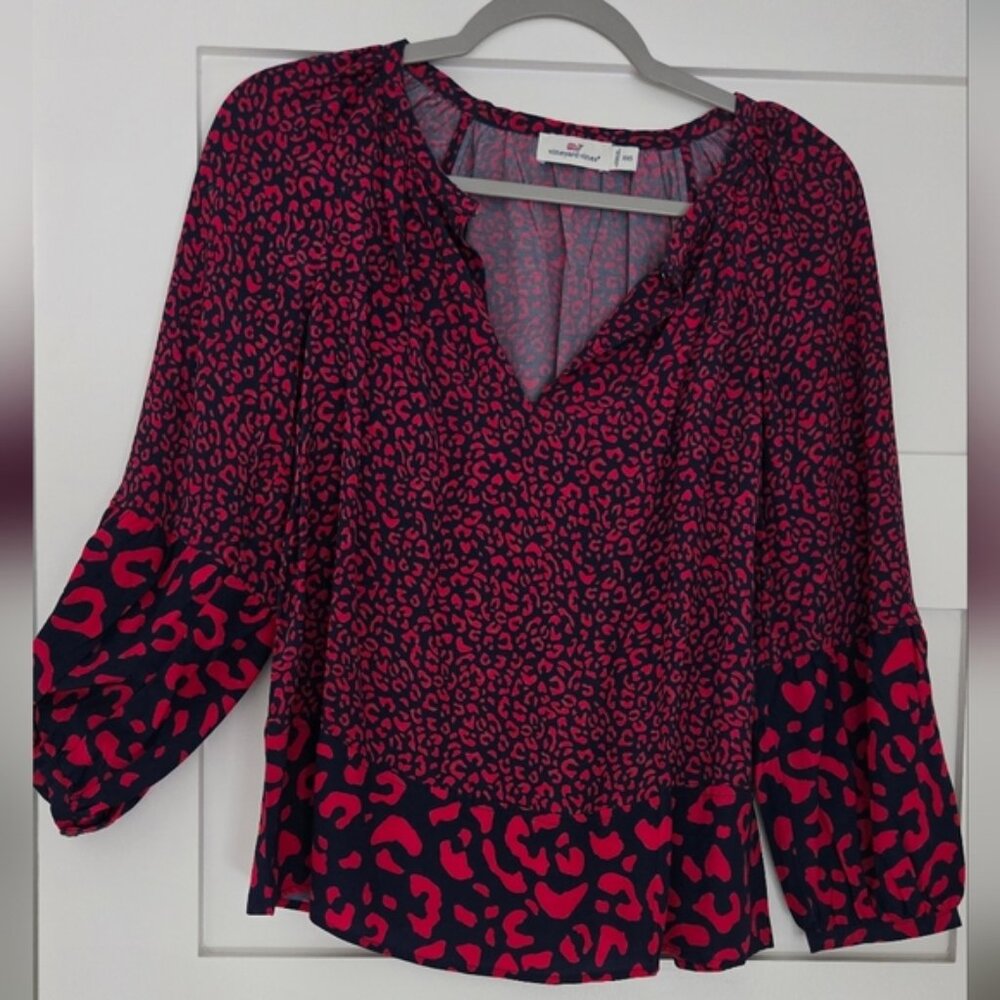 Vineyard Vines Navy and Red Relaxed Blouse with Notched Collar